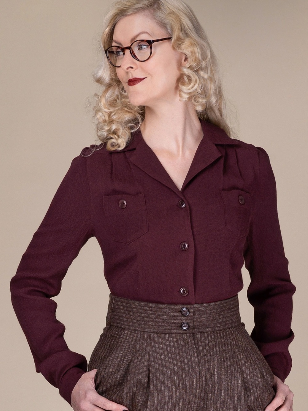 Emmy Design Sweden Loyal Land Girl Shirt Plum 1940s US 20 Plus Volup 2XL Pinup